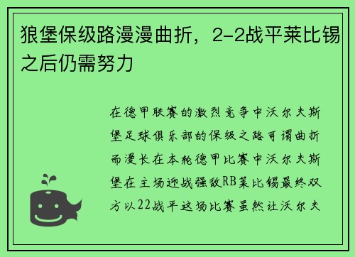 狼堡保级路漫漫曲折，2-2战平莱比锡之后仍需努力