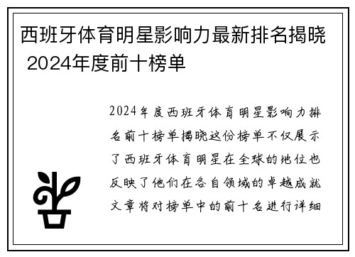 西班牙体育明星影响力最新排名揭晓 2024年度前十榜单